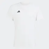 Remera deportiva Adidas Adizero Essentials, color blanco, de manga corta y cuello redondo, con ajuste ceñido. Presenta el logo de las tres barras en negro en el pecho.
