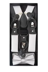 Set de tirantes ajustables color gris con moño y pañuelo de bolsillo a juego. Los tirantes incluyen apliques para abrochar a botones o pinzas metálicas para sujetar al pantalón.