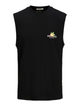 Musculosa oversize de algodón con cuello redondo y calce relajado. Presenta un diseño estampado en la espalda con motivos veraniegos y tipografía alusiva a Juan-les-Pins y Antibes.