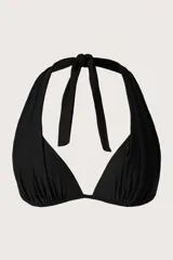 Top de bikini negro con diseño halter y tiras anchas que se anudan al cuello.