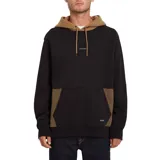 Canguro Volcom modelo Abg Forzee Po, color negro con capucha y cordones en tono tostado. Presenta un bolsillo canguro frontal con detalles a rayas horizontales en los laterales y parche con logo de la marca.