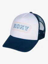 Gorro trucker Roxy Reggae Town, de diseño bicolor con frente blanco y visera y malla trasera en azul marino. Cuenta con el logotipo de la marca estampado en el frente.