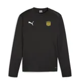 Buzo deportivo Puma negro de corte clásico con cuello redondo, mangas largas y logo de Puma bordado en blanco en el pecho.