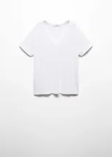 Camiseta de cuello en V y manga corta, confeccionada en tejido fluido de viscosa con un toque de elastano para mayor comodidad. Presenta un diseño recto y ajuste regular.
