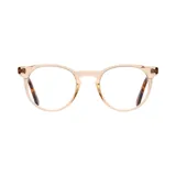 Lentes de receta con armazón de eco acetato en tono traslúcido, con diseño de forma redondeada y patillas con patrón carey.