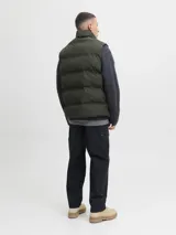 Chaleco acolchado de diseño puffer con cuello alto y cierre frontal con cremallera. Presenta un acabado liso y minimalista, ideal para capas de abrigo.