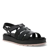 Sandalias tipo gladiador con plataforma, confeccionadas en material sintético negro con acabado brillante. Presentan tiras cruzadas en el empeine, ajuste con velcro en el talón y suela de plataforma con base en color rosado.