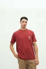 Remera de manga corta color ladrillo con bolsillo en el pecho y estampado pequeño de una palmera.