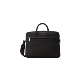 Bolso para laptop Boss modelo Ray en color negro, confeccionado en cuero sintético con textura granulada. Cuenta con doble asa de mano, cierre superior con cremallera, bolsillo frontal con cierre, herrajes metálicos plateados y el logotipo de la marca en la parte frontal.