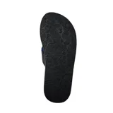Ojotas Volcom modelo Recliner, de color negro con detalles en azul y gris. Cuenta con una plantilla texturizada acolchada y tira de dedo con el logo de la marca.