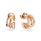 Par de aros tipo argolla Swarovski Hyperbola, bañados en tono oro rosa y adornados con circonitas blancas de talla redonda y cuadrada. Cierre con tuerca a presión.