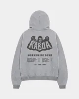 Canguro de felpa gris melange con capucha, manga larga y estampa trasera de estilo rockero con tipografía y calavera.