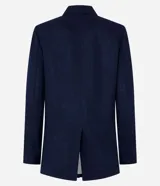 Blazer azul marino de sastrería confeccionado en mezcla de viscosa y lino, con solapas, cierre frontal de un botón y bolsillos con solapa en los laterales.