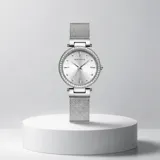 Reloj analógico de mujer con movimiento de cuarzo japonés, caja de aleación metálica con bisel decorado con cristales y malla de acero inoxidable. Diseño elegante y minimalista.