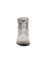 Bota Caterpillar modelo Charli Wp, color gris, confeccionada en cuero con cuello tejido y pasadores metálicos para los cordones.