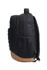 Mochila negra con base marrón, tiras regulables, porta botellas, bolsillos frontales y organizador interno.