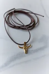 Collar con dije de acero quirúrgico en forma de cráneo de toro, montado sobre un cordón marrón.