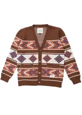 Cardigan marrón con cuello en V, cierre con botones, mangas largas y diseño geométrico en blanco, azul y naranja.