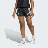 Shorts de running negros para mujer, con tres franjas blancas verticales en los laterales y logo de Adidas en la pierna izquierda. Presenta un logo adicional 'AR' en la pierna derecha.