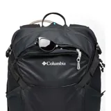Mochila técnica Columbia de 30 litros en color negro, diseñada para senderismo y actividades al aire libre. Cuenta con respaldo de malla transpirable, estructura de acero elástico, sistema de compresión lateral, múltiples bolsillos organizadores, compartimento para bolsa de hidratación y cinturón lumbar ajustable.