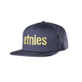 Gorro con visera plana Etnies Corp de color azul marino, con el logo de la marca bordado en color amarillo en la parte frontal.