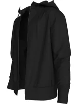 Buzo con capucha y cierre frontal completo, color negro, con puños y dobladillo en punto canalé. Presenta una cinta decorativa con el logo de la marca a lo largo de la cremallera.