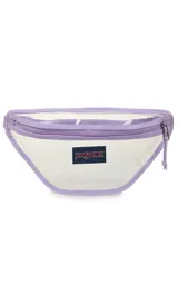 Riñonera transparente con bordes y cierre en color lila. Cuenta con el logo de la marca JanSport en el frente.