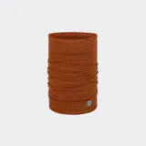 Cuello multifuncional de lana merino color marrón, con diseño ligero y suave al tacto. Presenta una pequeña etiqueta de la marca en la parte inferior.