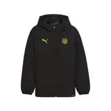 Campera puffer Puma con capucha, modelo oficial del Club Peñarol, color negro con detalles en amarillo. Cuenta con cierre frontal y bolsillos laterales.