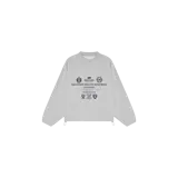 Buzo de cuello redondo gris melange, de corte oversize, con mangas largas y estampado gráfico frontal de estilo universitario.