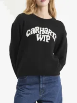 Sweater de punto negro con cuello redondo, manga larga y diseño holgado. Presenta el logo de la marca Carhartt WIP tejido en color blanco en la parte frontal.