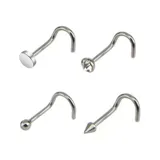 Set de cuatro piercings de acero para la nariz, con forma de gancho y diferentes diseños: disco plano, cristal, esfera y cono.