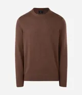 Suéter de punto marca Marfinno, color marrón, con diseño liso, cuello redondo, manga larga y bajo ajustado con rib.