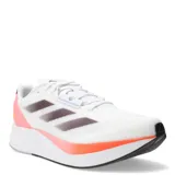Championes de running Adidas Duramo Speed, color blanco con detalles en naranja neón y gris oscuro. Presentan tecnología de amortiguación Lightstrike en la mediasuela, parte superior de malla transpirable y suela de goma con excelente agarre.