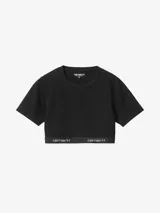 Crop top negro de algodón con cuello redondo y mangas cortas. Banda elástica inferior con logo Carhartt en jacquard.