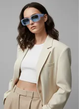 Lentes de sol de montura gruesa y rectangular, color celeste pálido o azul claro, con cristales tintados del mismo tono.