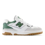 Championes New Balance 550 unisex, color blanco con detalles en verde y gris. Presentan el logo "N" en verde y el número "550" en el lateral.