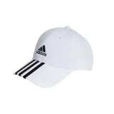 Gorra de béisbol Adidas color blanco con logo negro bordado en el frente y tres tiras negras en la visera.