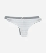 Kit de dos bombachas bikini de algodón, una lisa color gris y otra estampada a rayas horizontales blancas y grises, con moño decorativo en el centro.