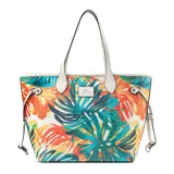 Cartera tipo tote de cuero sintético, con diseño estampado multicolor de hojas tropicales y asas fijas blancas.