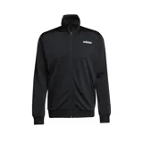 Conjunto deportivo Adidas de hombre color negro, compuesto por una campera con cierre frontal y cuello alto, y un pantalón largo a juego. Ambos cuentan con el logo de la marca estampado en el pecho y en la pierna.