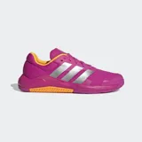 Championes de entrenamiento Adidas Dropset Base, color fucsia con las tres tiras laterales en plateado y suela en naranja. Diseñados para levantamiento de pesas y entrenamiento de fuerza, cuentan con exterior de malla transpirable, puntera ancha y estructura baja para mayor estabilidad.