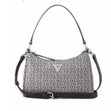 Cartera tipo baguette Guess modelo Jillian, con estampado de monograma de la marca en tonos gris y negro. Presenta cierre superior, herrajes plateados, logo triangular metálico en el frente y correa ajustable de cuero sintético negro.
