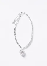 Pulsera de plata 925 con diseño mixto de cadena de eslabones y sección de zirconias engastadas, con un dije central en forma de corazón con zirconia.