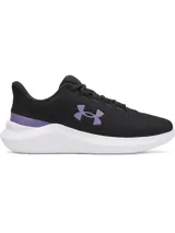 Championes de running Under Armour Phade RN 3, color negro con detalles en violeta y suela blanca. Presentan parte superior de malla transpirable, entresuela de amortiguación EVA y suela de goma flexible.