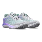 Championes de running Under Armour Flow Velociti, con tecnología de amortiguación Flow de una sola pieza y parte superior Warp para mayor sujeción y transpirabilidad. Diseño en tonos blanco, violeta y verde agua.