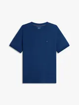 Remera de corte slim color azul marino, con cuello redondo clásico, manga corta y detalle de doble raya en los puños. Presenta el icónico logo bordado de la bandera de Tommy Hilfiger en el pecho.