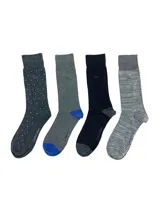 Pack de 4 pares de medias de algodón Calvin Klein, con diferentes diseños: gris con lunares blancos, gris con puntera y talón azul, negro con puntera y talón gris, y gris con textura jaspeada.