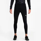 Calza deportiva Puma negra, de corte ajustado y largo a media pierna, con logo estampado en blanco en la pierna izquierda.