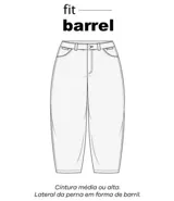 Pantalón de jean raw azul oscuro, corte barrel con piernas anchas y cintura cónica. Presenta costuras contrastantes, cierre tradicional con botón y bolsillos laterales.